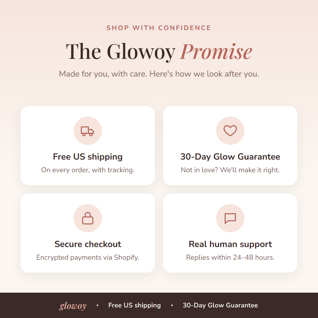 The Glowoy Promise: free US shipping, 30-day guarantee, secure checkout, real support