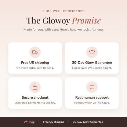 The Glowoy Promise: free US shipping, 30-day guarantee, secure checkout, real support